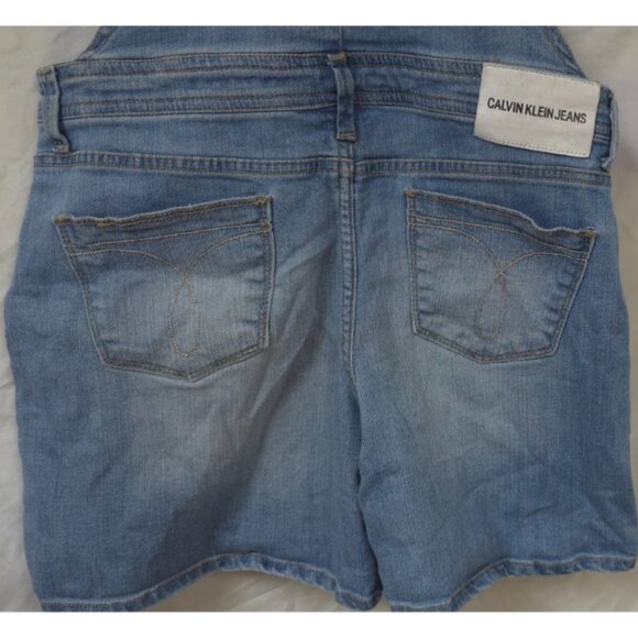 Calvin Klein Womens L 12/14 Distressed Light Blue Denim Bib Overall Jorts Shorts - Picture 11 of 14
